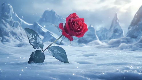 Red Rose Blooms in Frozen Mountain Wilderness
