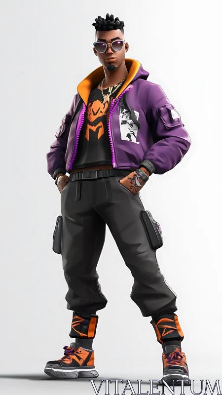 Streetwear hero in purple tech jacket and neon sneakers.