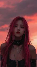 Digital portrait of woman with magenta hair at sunset sky