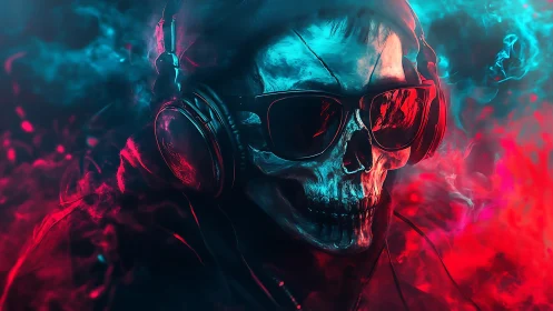 Skull in headphones soaked in neon red and blue vapor glow.