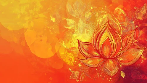 Lotus line art on fiery orange and yellow gradient background.