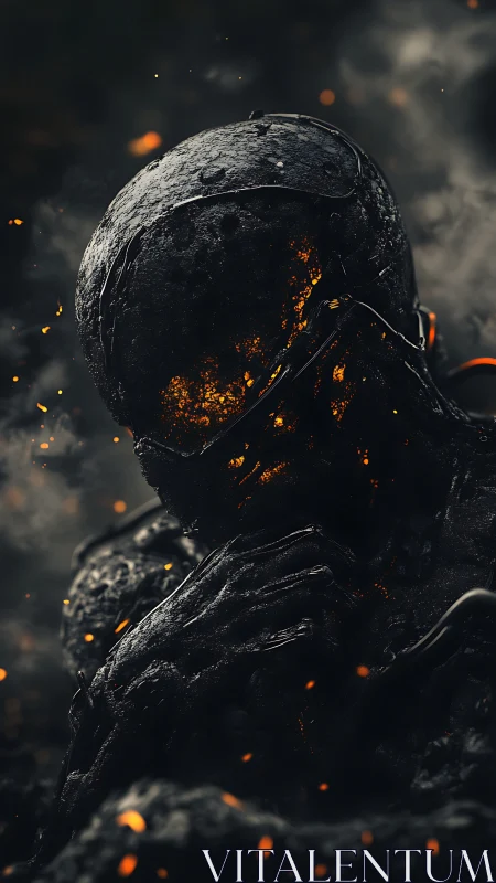 Volcanic cybernetic golem with molten core and ember sparks