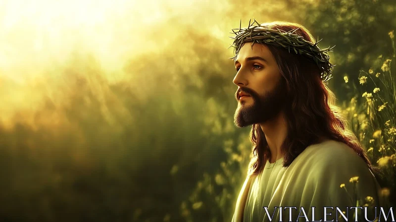 Sacred robed figure with thorn crown in radiant meadow light.