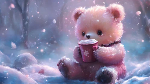 Fluffy winter bear cuddling cocoa in a dreamy snowfall.