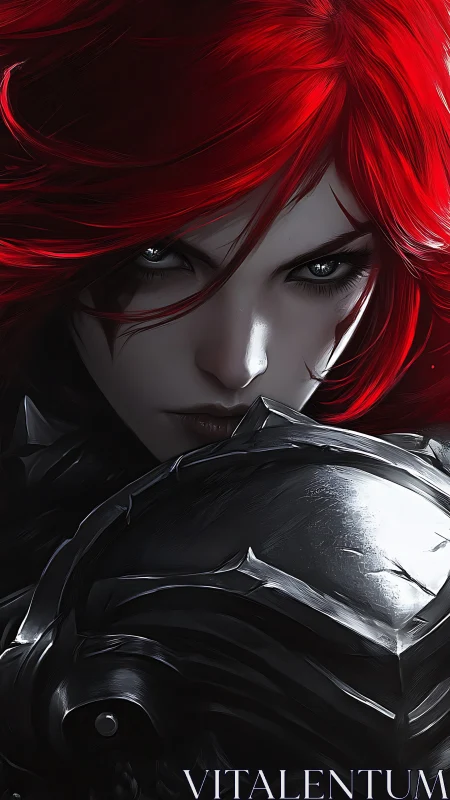 Crimson‑haired armored combatant in high‑contrast digital chiaroscuro.