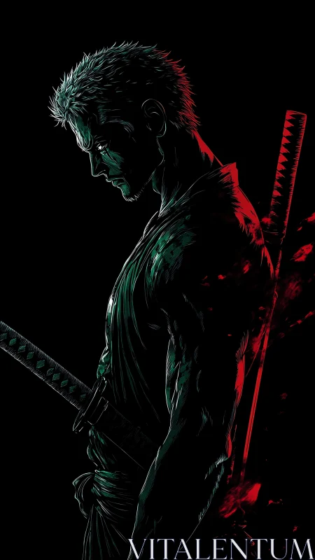 Solitary swordsman pauses in shadow, wrapped in quiet resolve