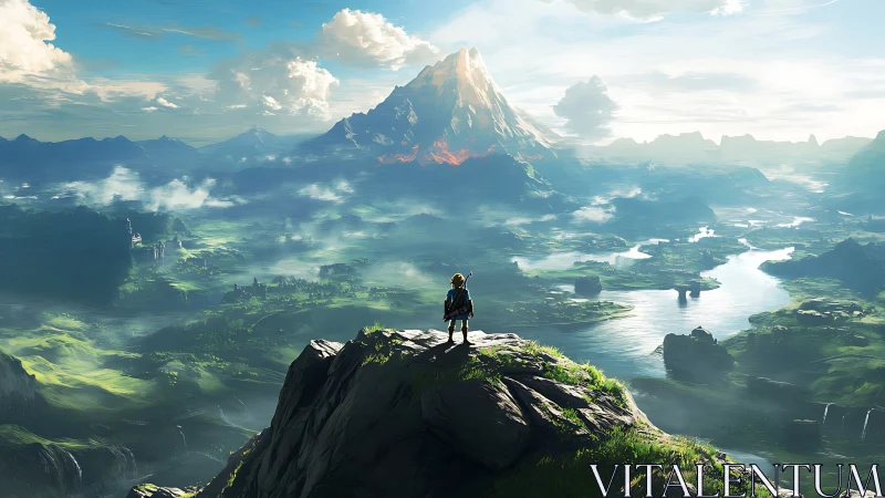 Solitary figure on cliff overlooking vast fantasy valley.