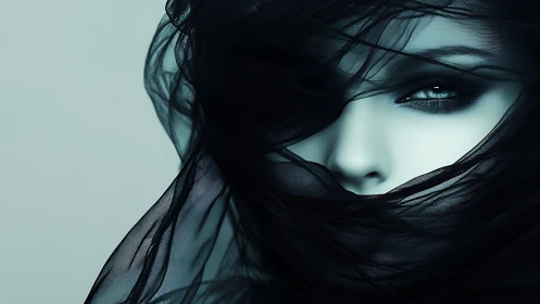 Veiled frost-muse with storm-dark eyes in silken shadow.