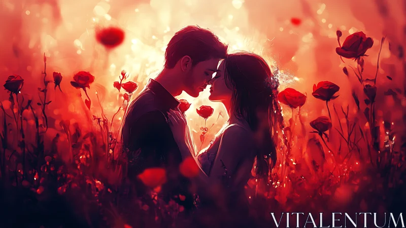 Silhouetted couple embracing in glowing red rose field.