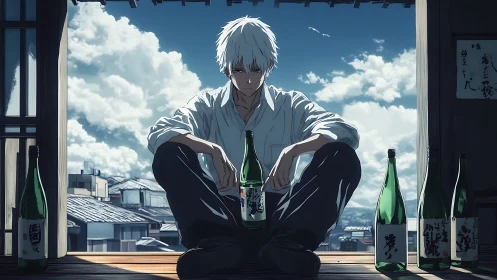 White-haired loner on veranda with sake bottles and stormy sky.