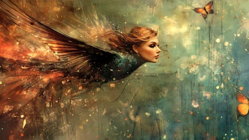 Winged dreamrunner glides through molten light and butterflies.