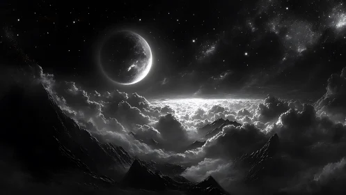 Lunar-illuminated cloud ocean over jagged alpine silhouettes.