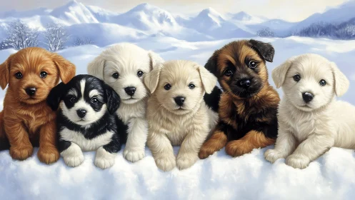 Snowy cuddle line of curious winter puppies at play.