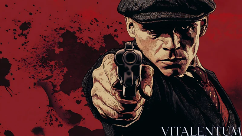 Determined gunman in flat cap aiming pistol forward.