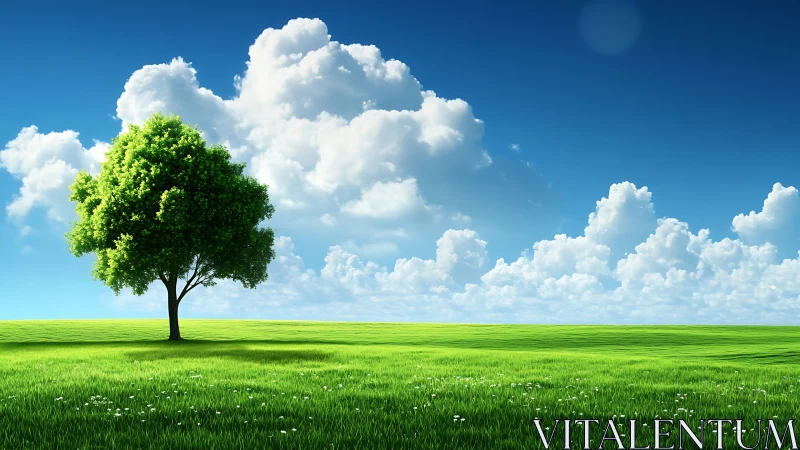 Lone daydreamer tree under parade of cotton clouds.