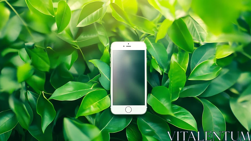 Smartphone with blank screen centered in dense green leaves.