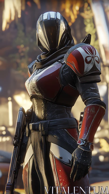 Solar armored guardian pauses between battles, quietly ready.