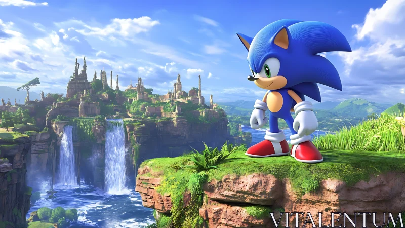 Blue cartoon hedgehog on cliff above waterfalls landscape.