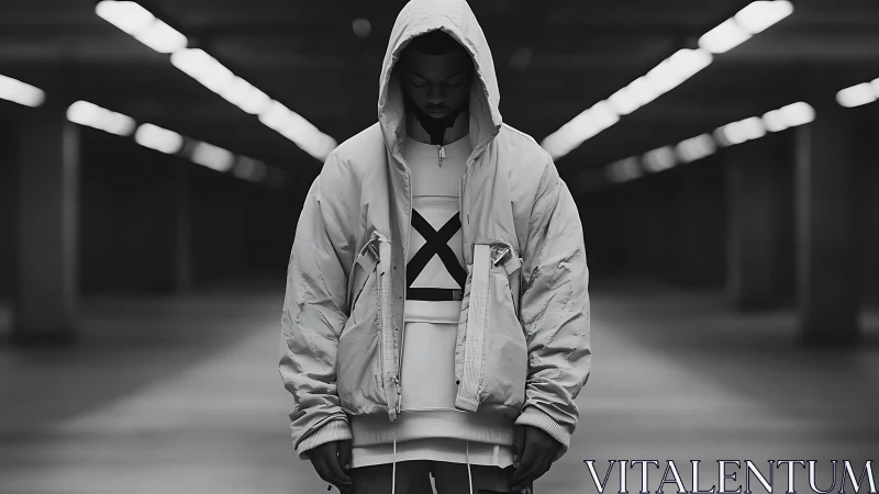 Hooded figure stands in monochrome urban tunnel light.