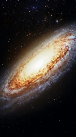 Edge-on spiral galaxy is shown with bright core and dust lanes