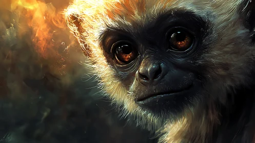 Gentle ember-eyed monkey sharing a quiet, glowing moment.