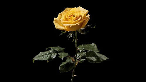 Yellow Rose with Dew Drops Against Dark Background Studio Photograph