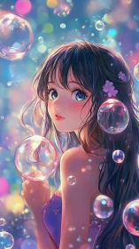 Iridescent anime portrait captures girl amid floating bubbles