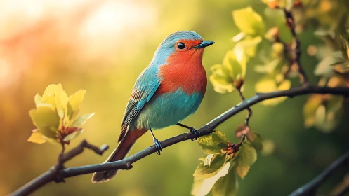 Vibrant blue and red songbird perched on a spring branch, natural light.
