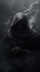 Mysterious hooded figure emerging from swirling silver smoke.