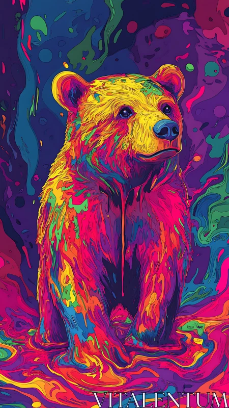 Neon multicolor bear standing in liquid abstract swirls.