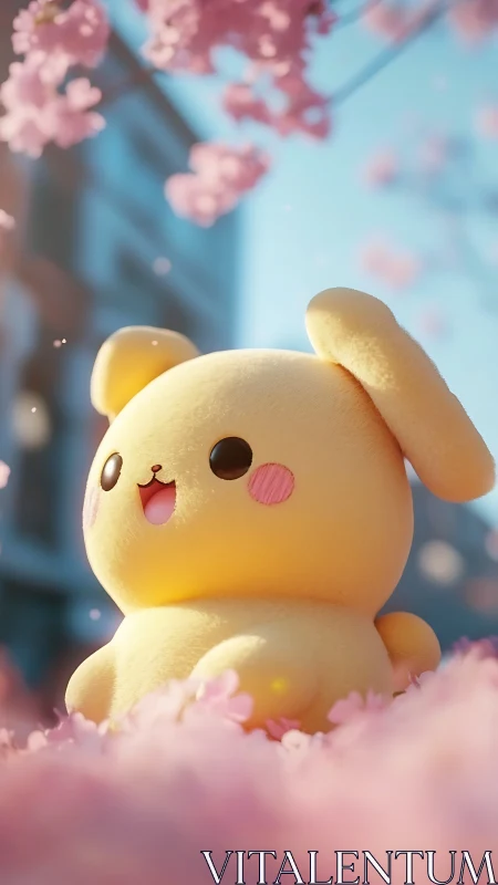Sunny plush bunny smiling under soft cherry blossoms.