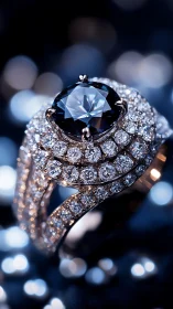 Luxurious sapphire halo ring sparkles in dramatic blue light