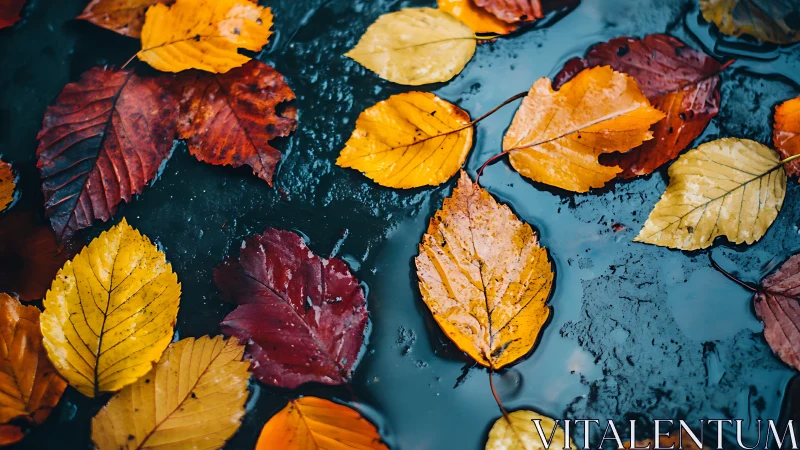 Colorful autumn leaves floating on dark wet surface.