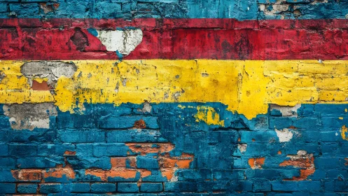 Colorful weathered brick wall with red, yellow, and blue paint layers.