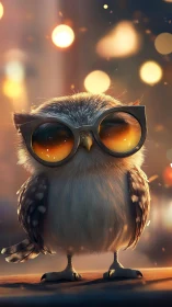 Stylish owl in oversized sunglasses under city bokeh glow.
