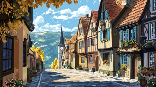 Quiet hillside village street with clocktower and houses.