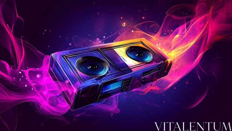 Neon cassette deck surfing through liquid ultraviolet soundwaves.