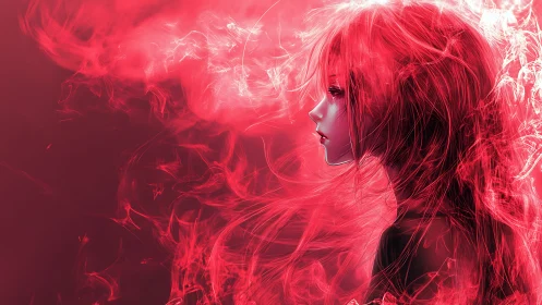 Crimson-haired anime girl dissolves into ethereal smoke