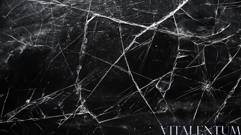 Fractured black glass surface reveals complex radial crack network