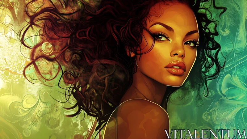 Digital portrait shows woman with curly hair on abstract background