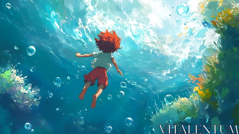 Child swims underwater toward bright surface light zone