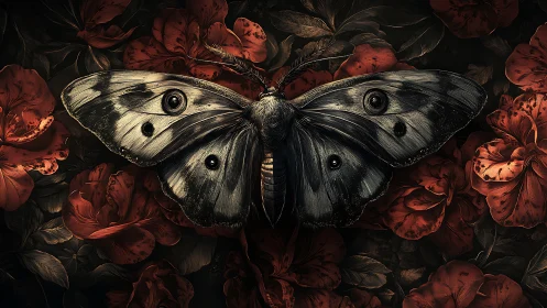 Moth specimen is centered over dense red floral background