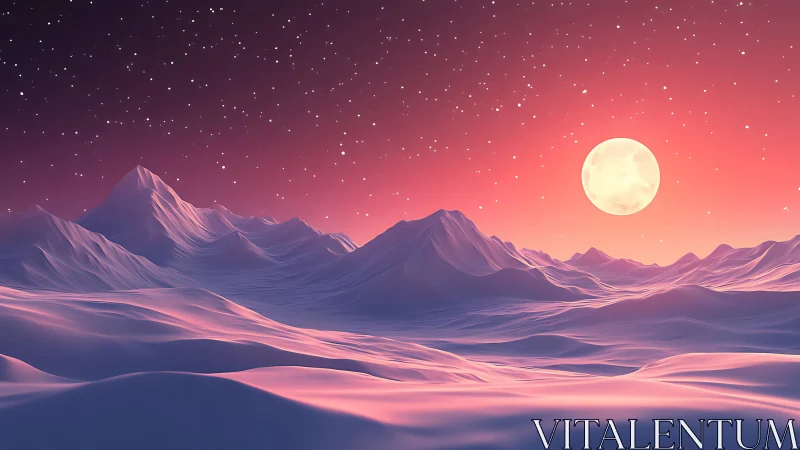 Snowy mountain landscape glows under full moon at dusk