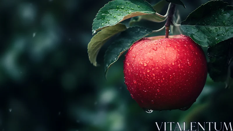 Red apple with water droplets hangs from branch in focus