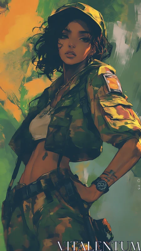 Confident female soldier stands poised in vivid jungle glow