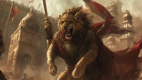 Regal tiger warlord charges through ancient sandstone citadel.