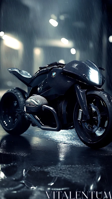 Sleek midnight motorbike waits in the glow of city rain