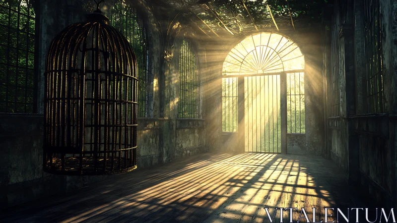 Sunlit iron cage in abandoned glasshouse corridor interior.