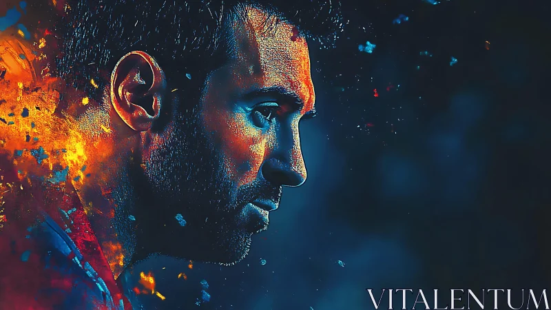 Digital portrait with fiery splashes and cool shadows.