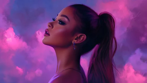 Soft neon portrait bathed in dreamy purple twilight glow.